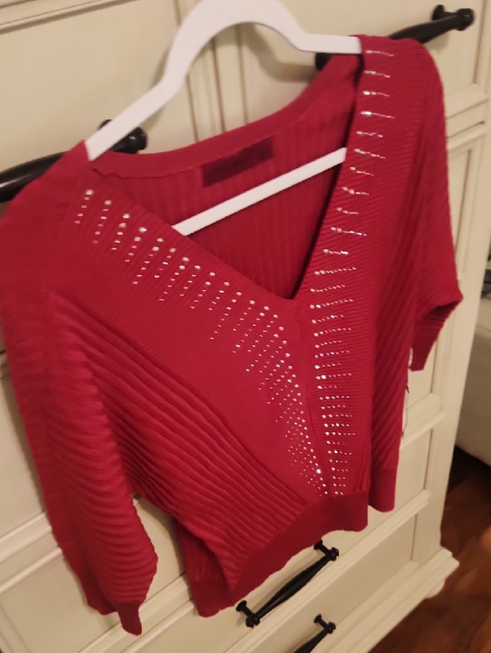 Scarlett Red V-Neck Ribbed Sweater with Rhinestone Trim - Picture 5 of 6